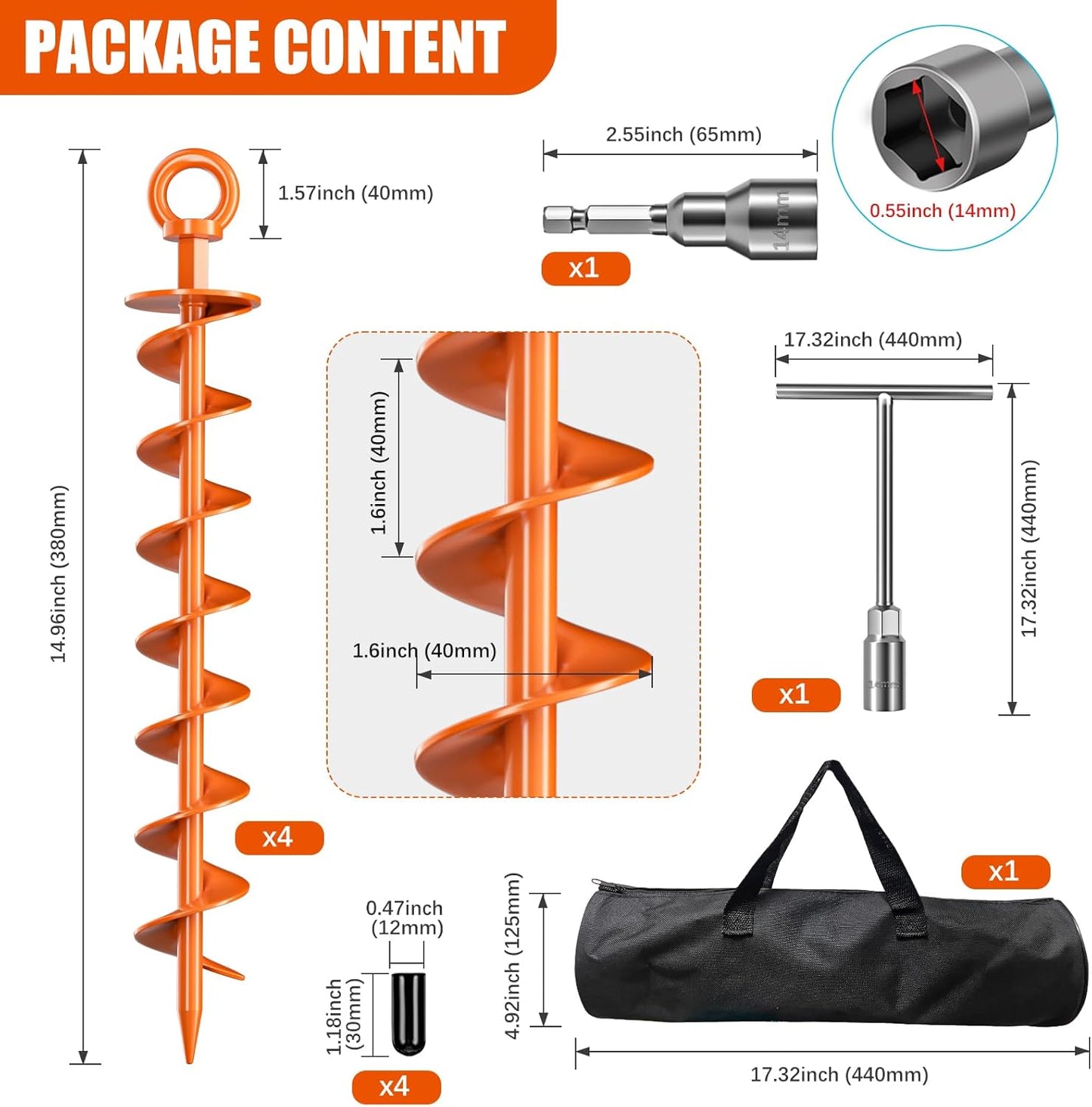 Phopich Ground Anchor Screws - Heavy-Duty 4 Pack Spiral Anchors for Trampolines & Tents | Orange
