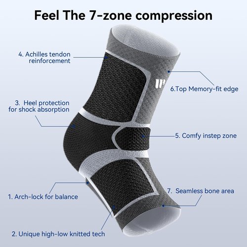 WHCOOL Flat Knitting Ankle Brace For Women&Men, 7-Zone Dynamic Compression Sleeve w/Flex Strap,Foot Support For Sports, Sprained Ankle, Achilles Tendonitis, Plantar Fasciitis Relief(Pack of1)L, Black