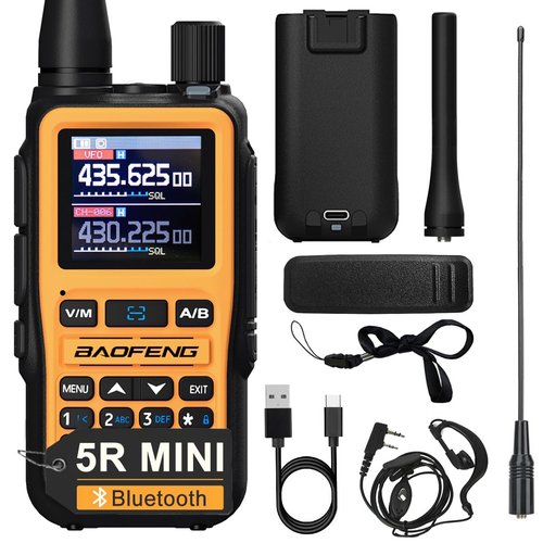 BAOFENG UV 5R Mini Long Range Walkie Talkie Bluetooth Programming AM FM NOAA Flashlight Rechargeable Type-C Charging U/V Handheld Two Way Ham Radio with Earpiece 771Antenna Survival Gear (Orange 1PCS)