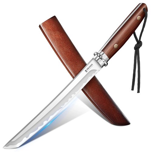 Dragon Creek Fixed Blade Knife - Plain Outdoor Survival Knife with Wooden Sheath Full Tang Handle for Camping Hiking Gift Men