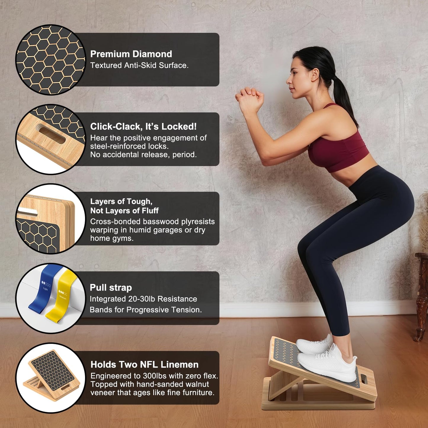 Wooden Slant Board for Calf Stretching, Adjustable Portable Wooden Incline Board with Training Guide, 300 lb. Load Capacity, Physical Therapy Equipment for Legs, Knees, Heels and Ankles
