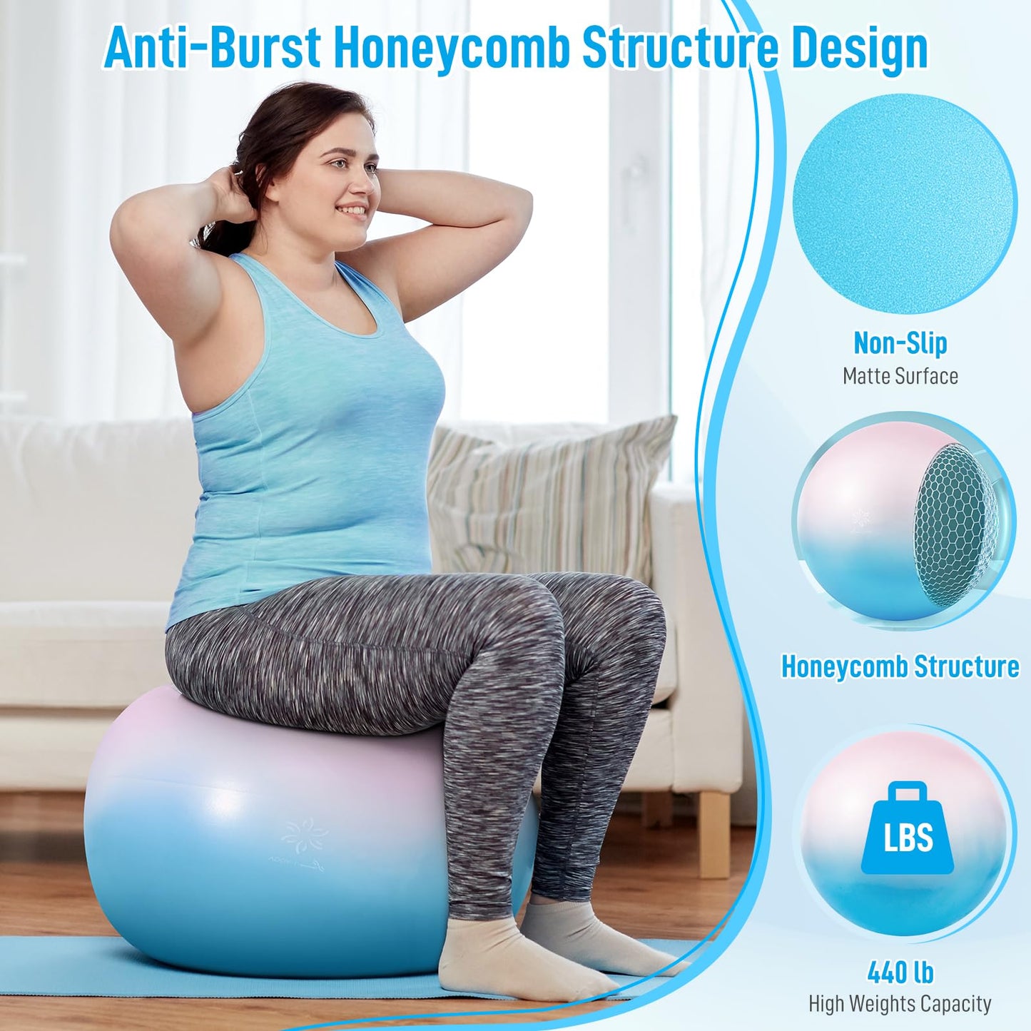 Sportneer Extra Thick Exercise Ball - 25.6''Yoga Ball with Quick Pump - Anti-Burst and Slip Resistant Fitness Ball Chair for Pregnancy and Physical Therapy (Pink Blue)