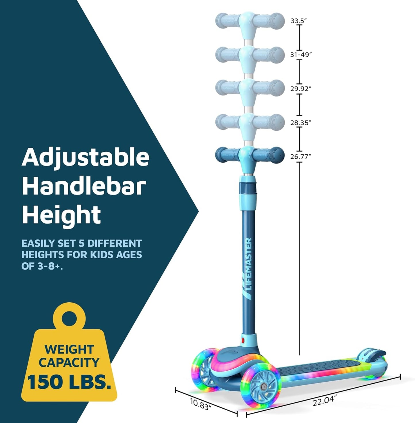 Skiennix 3-Wheel Kids Scooter - Adjustable Handlebar & Multi-Color Lights | Safe for Ages 3+, Supports 150 lbs