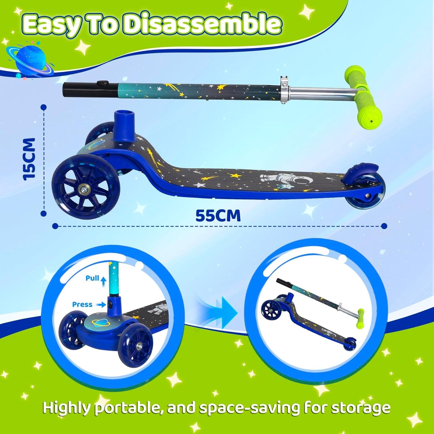 Nattork 3-Wheel Toddler Kick Scooter - Adjustable Height, Light-Up Wheels & Anti-Slip Deck for Ages 2-8