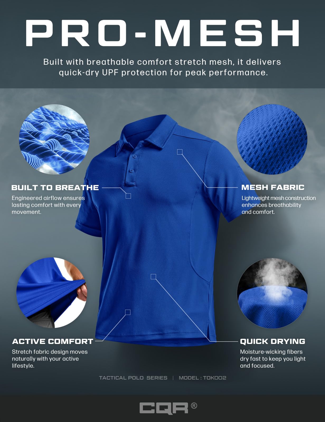 CQR Men's Quick Dry Tactical Polo Shirt, Lightweight Breathable Performance Polo, Short Sleeve UPF 50+ Outdoor Golf Shirt, Frost Essential Cobalt Blue, X-Small