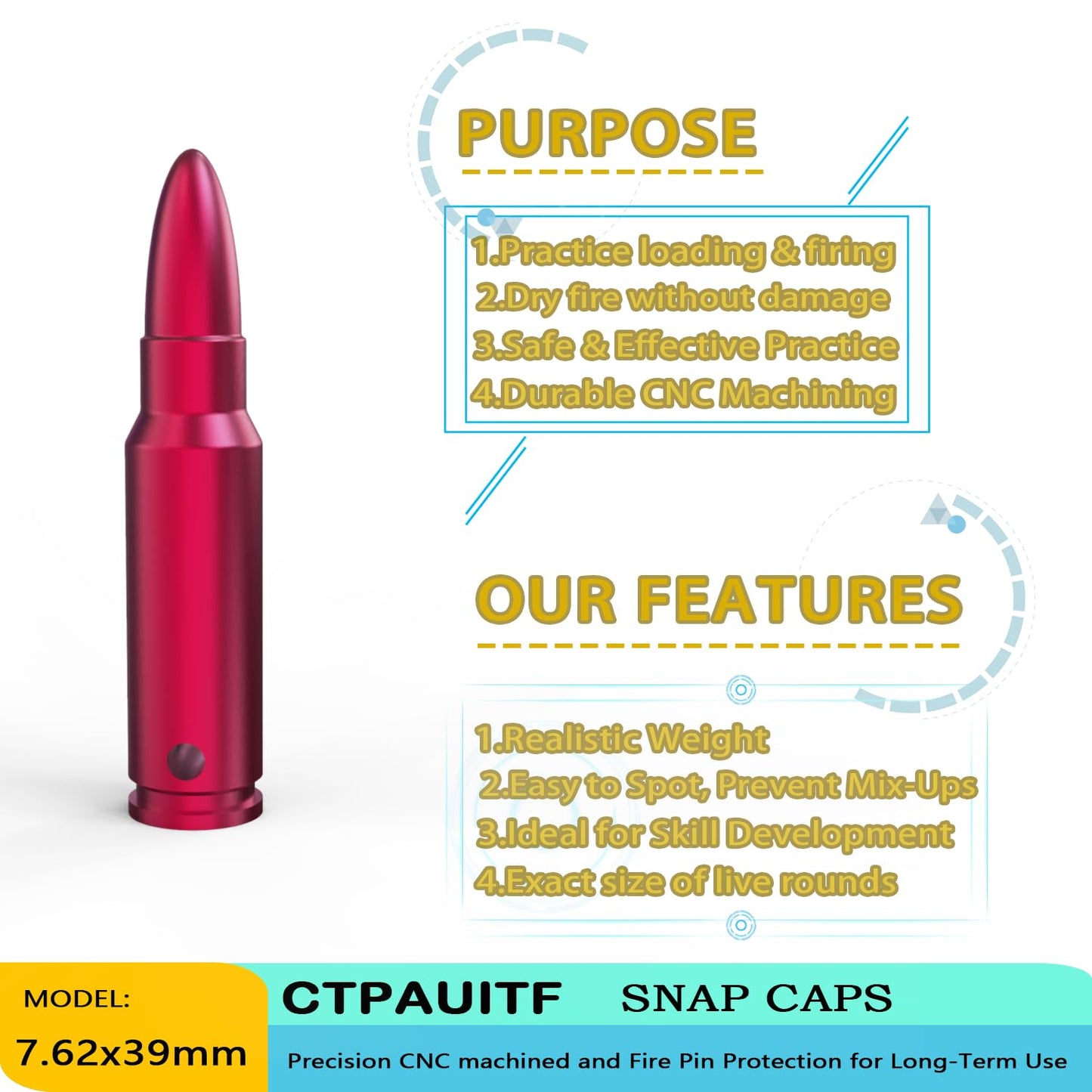 CTPAUITF Training Snap Caps Dummy Rounds, Durable CNC-Machined Aluminum Alloy Safe for Handling Drills & Dry Fire Practice, Ideal for Shooting Skill Training.
