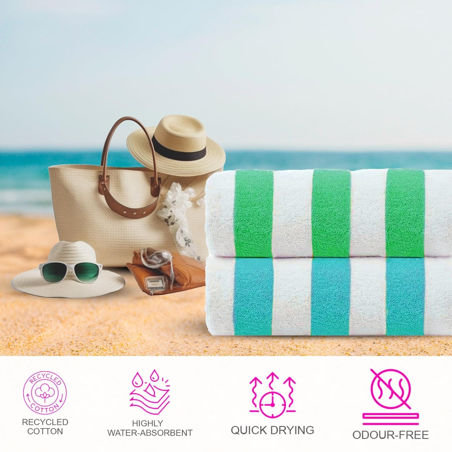 CASA COPENHAGEN Cabana Towel 4Pcs Multicolour Designer Stripe Beach Towels Gift Set, 30"x60" Oversized 100% Cotton Pool Bath Towel for Beach Gift Set (Perfect Summer Gift Set for Women & Men)