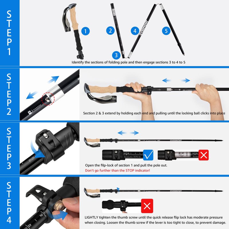 Overmont 7075 Aluminum Trekking Poles - Lightweight Collapsible Hiking Poles Adjustable Walking Sticks with EVA Handle All Terrain Accessories Carry Bag - Set of 2