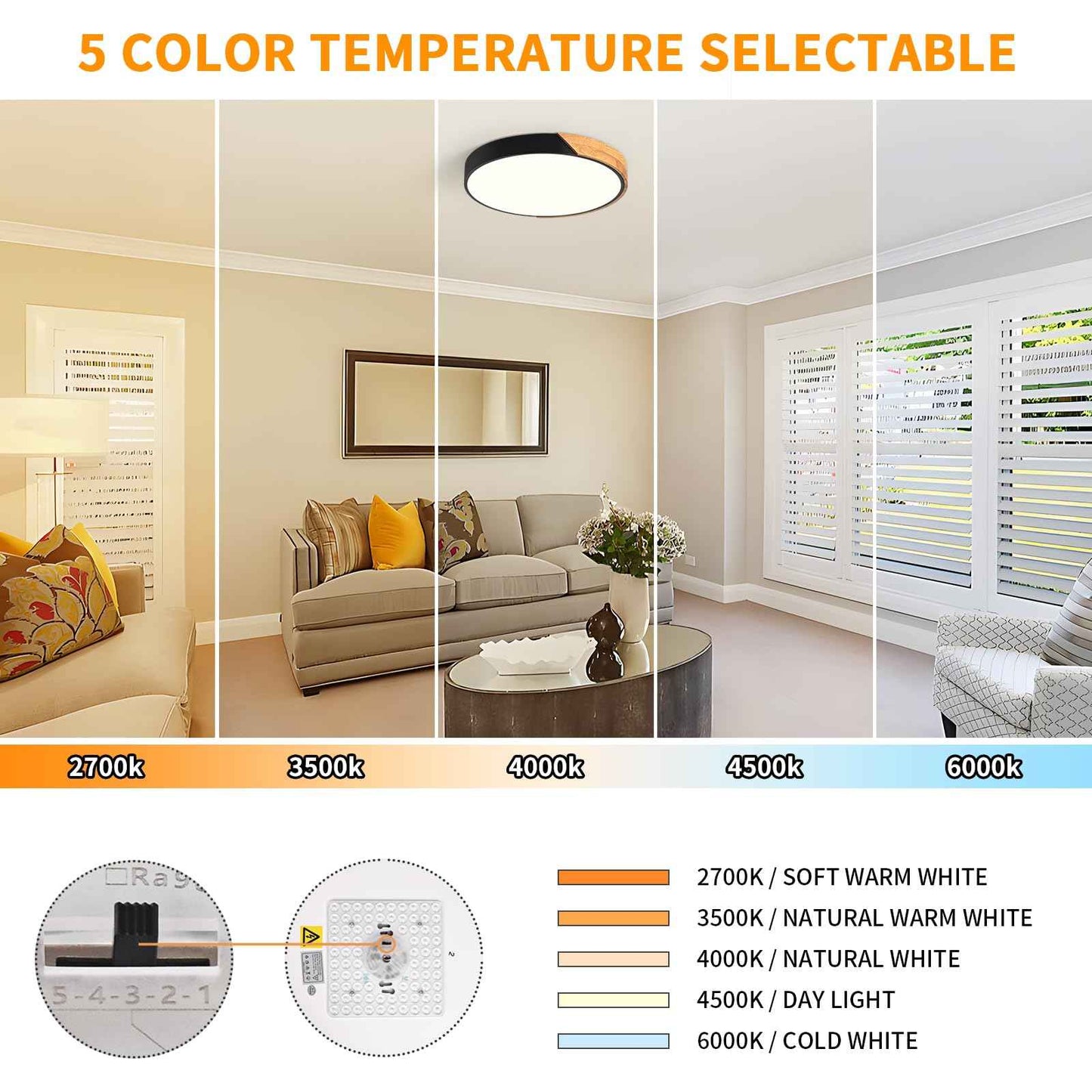 Peblto Modern Dimmable Black LED Ceiling Light, 2700 K - 6000 K 5CCT Wood Flush Mount Ceiling Lighting Fixtures, Minimalist Round Ceiling Lamp for Living Room Bedroom Kitchen Hallway（15.8in）