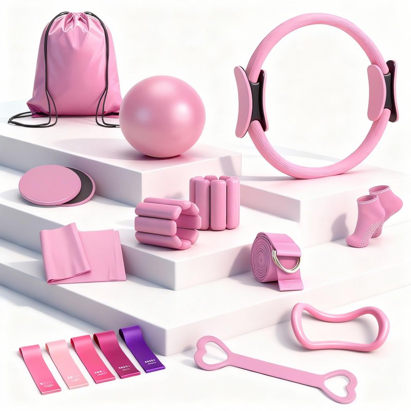 Pilates Equipment Kit for Home Workouts - 18pcs Set- 14'' Pilates Ring and Ball Set for Women, Pilates/Yoga Accessories Kit with Wrist Weights, Resistance Bands, Core Sliders, Yoga Strap, Socks, Bag