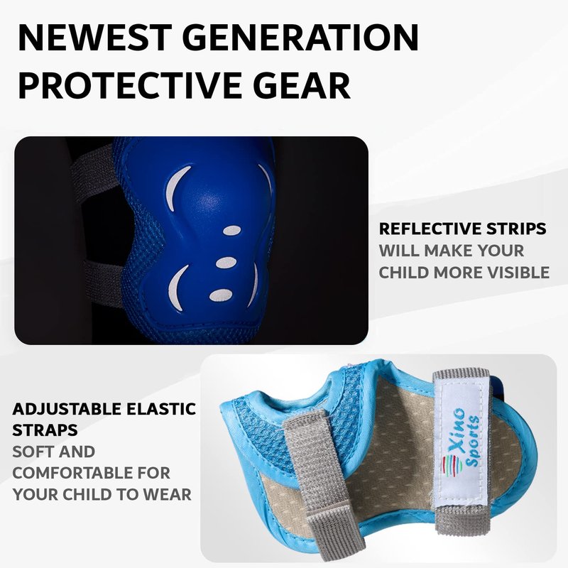 Xino Sports Kids/Youth Protective Gear Set - Knee Pads, Elbow Pads, Wrist Guards, Reflective Gear for Night Riding, for Roller Skates, Skateboard, Inline Skates, Scooter Riding for Ages 3 - 8, Blue