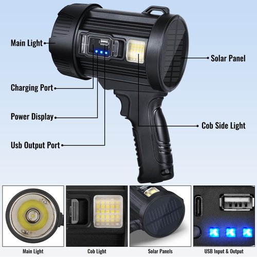 Sigoobal Rechargeable Spotlight,99,000 LM Super Bright Handheld Spot Light LED Flashlight High Lumens,Powered Spotlight Large Searchlight Outdoor with Solar Panels & COB Light for Boat Camping Hunting