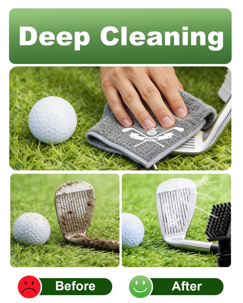Zeltri Golf Club Brush Cleaner with Retainer Clip and 8.0 x 8.0 in Golf Towel - Holds 4 Oz Water Durable Nylon Bristles for Easy Cleaning Essentials Golf Accessories (1PCS Golf Brush+1PCS Golf Towel)