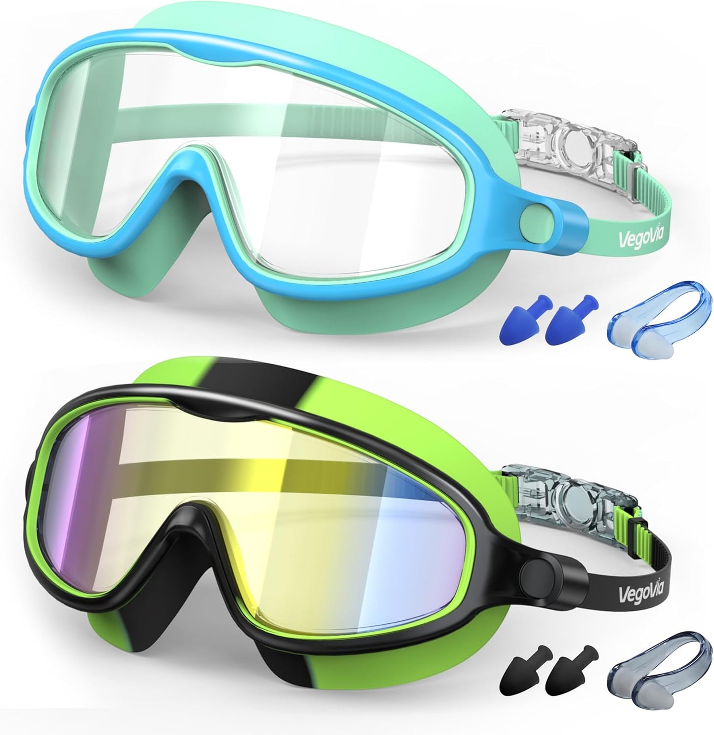 VegoVia Kids Swim Goggles - Anti-Fog UV Protection | Wide View for Ages 3-15, 2 Pack