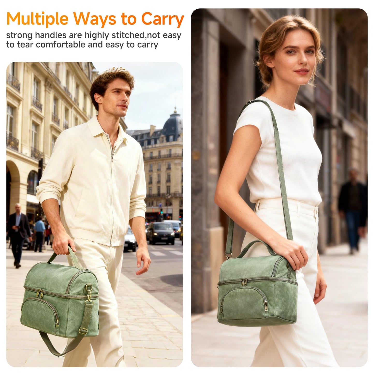 neatlife Men's London Green Lunch Box for Work with 2 XL Ice Packs, Sturdy Waxed Canvas Insulated Adult Lunch Bag, 2 Compartment 10.5L Soft Cooler Bag For Work, Picnic, Travel, Outdoors