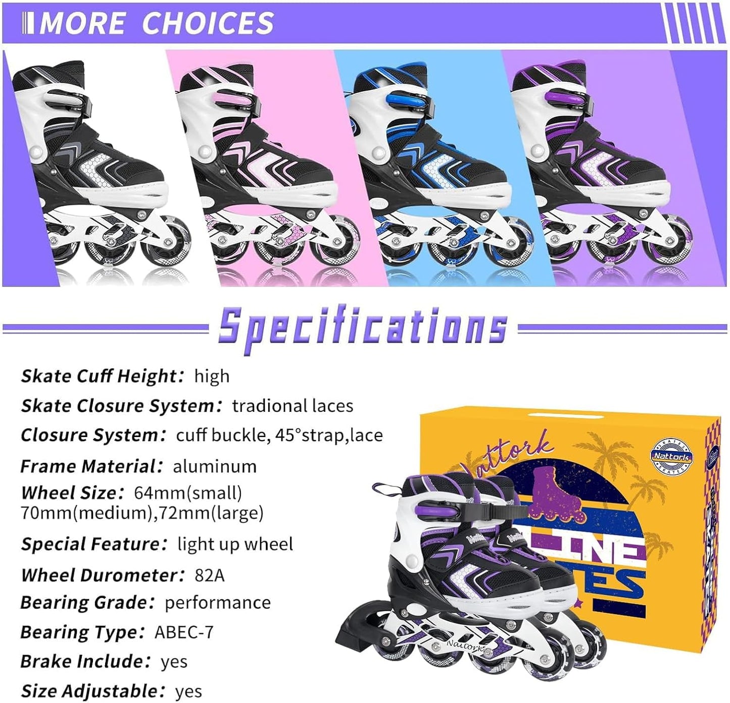 Nattork Adjustable Inline Skates - Light-Up Wheels for Kids | Beginner Roller Skates in Purple, Pink, Blue, Black