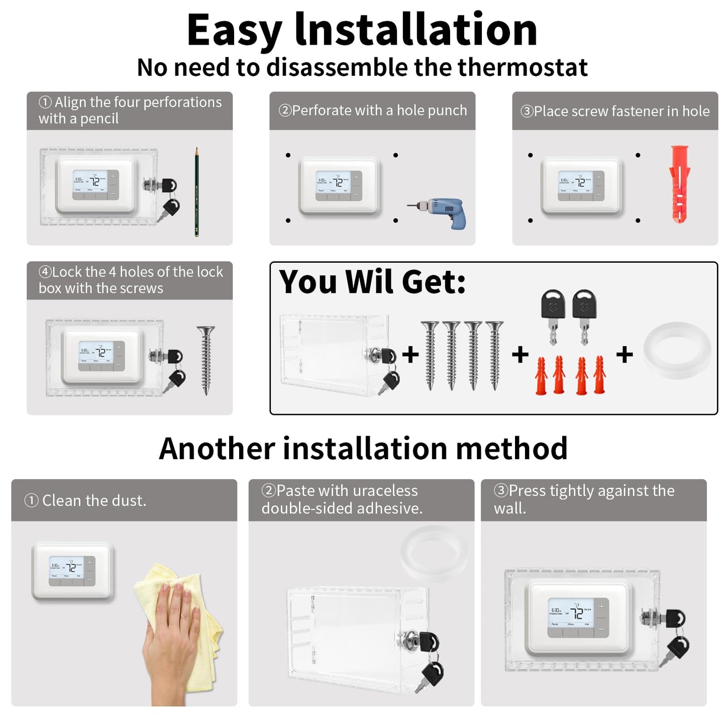 Vazioyar Thermostat Lock Box,Thermostat Lock Box with Key,Thermostat Guard,Transparent Thermostat Protective Cover,Compatible with Wall Mounted Home thermostats