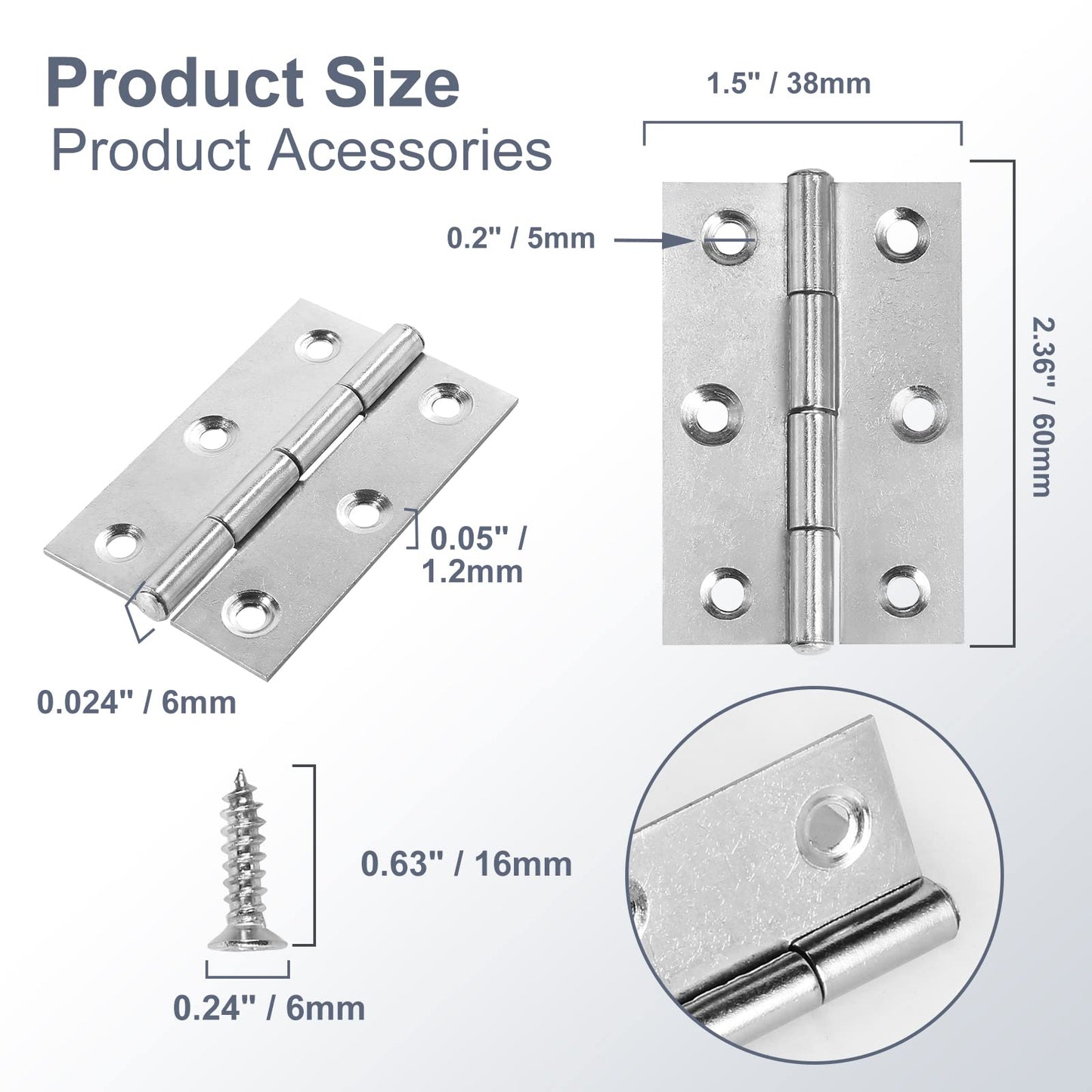 2-3/8" Door Hinge, Zernmiarder 12 Pcs Stainless Steel Butt Hinges, Silver Window Hinges, Interior and Outdoor Hinge with Screws, 60 x 38 x 1.2mm