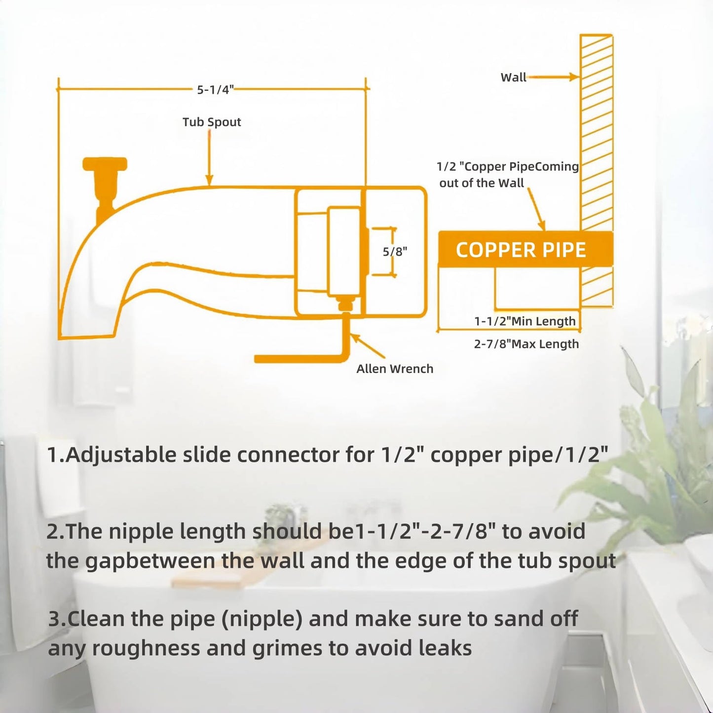 Bathtub Faucet Easy to Install Tub Spout with Diverter,American Standard Tub Faucet Replacement Fits 1/2" Copper Water Tube(5/8" Diameter) with Hex Wrench Chrome Finish
