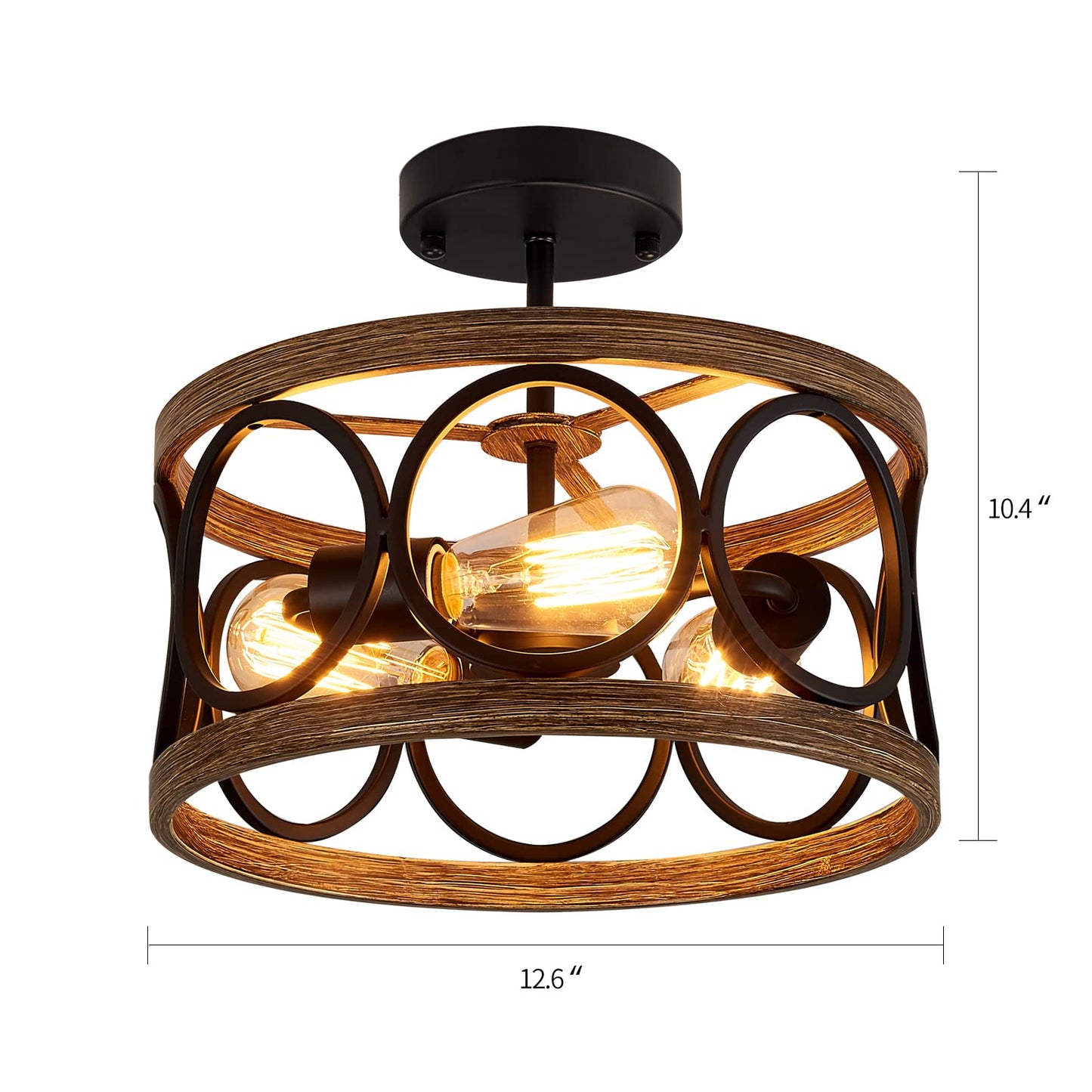 MEIXISUE Semi Flush Mount Modern Farmhouse Ceiling Light Fixtures,3-Lights Black and Retro Wood Finish,Drum Shade Rustic Light Fixtures for Entryway Hallway Foyer Kitchen Dining Room Bedroom