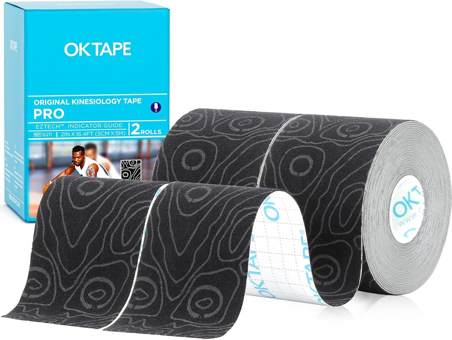 OK TAPE PRO Kinesiology Tape - Elastic Therapeutic Athletic Tape, 2" x 16ft, 2 Rolls in Black