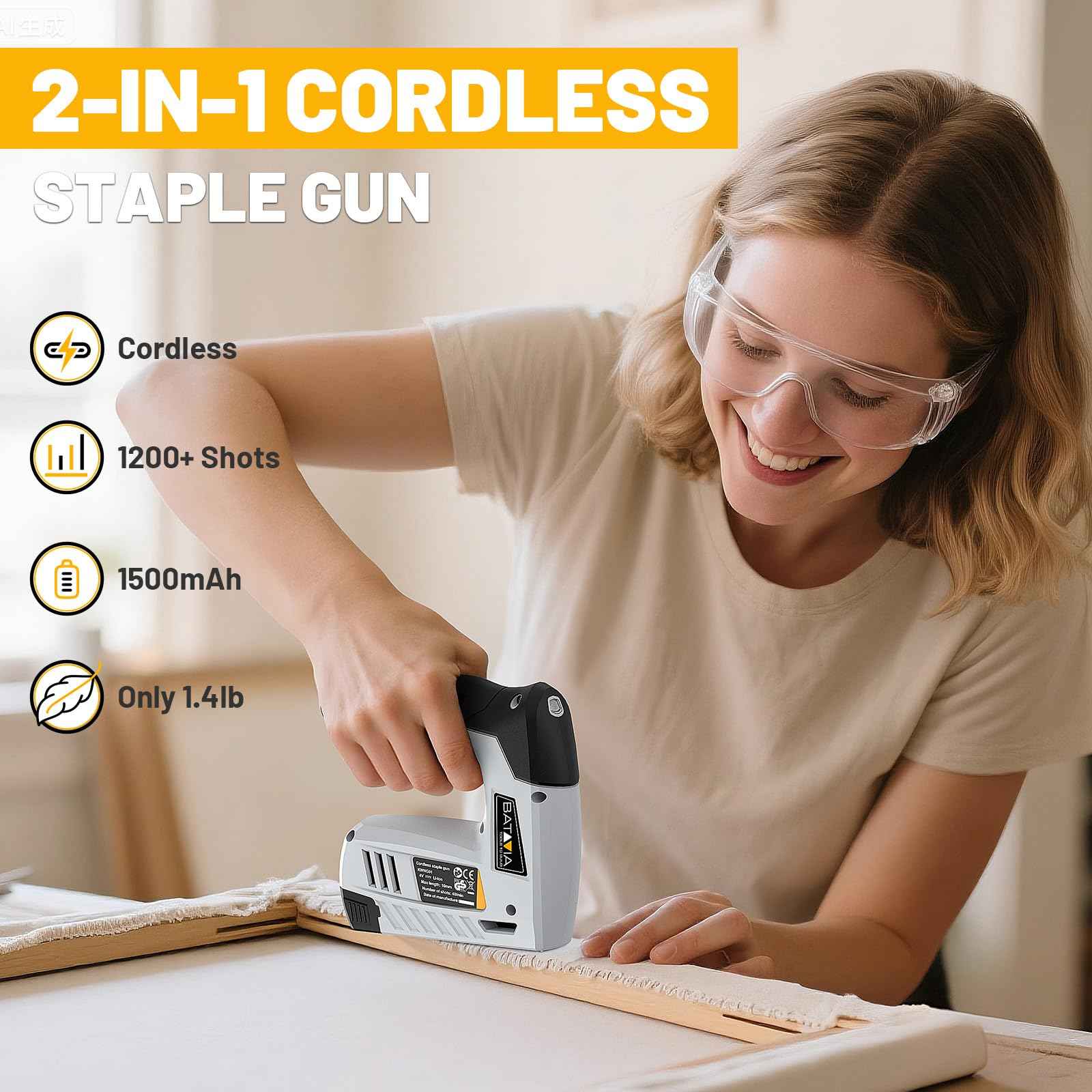 BATAVIA Electric Staple Gun, 2-in-1 Cordless Brad Nailer & Stapler Kit with 2000Pcs Nails & Staples, 4V Lithium-ion Rechargeable Nail Gun for Upholstery, Wood Working, DIY Home Projects