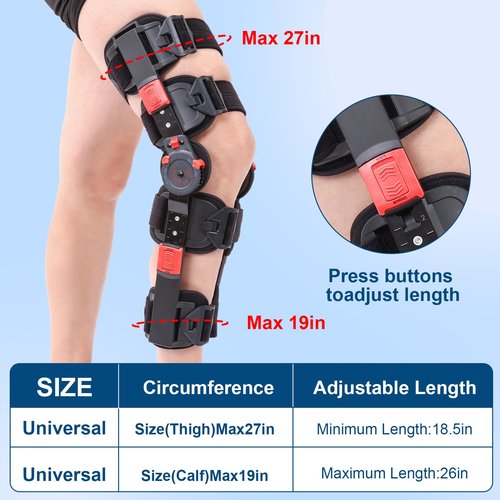 Hinged ROM Knee Brace with Side Stabilizers, Adjustable Post Op Knee Support Orthosis Immobilizer for ACL, PCL and MCL Injury, Medical Knee Orthopedic Support, Leg Stabilizer for Left or Right Leg, Men and Women (Red)