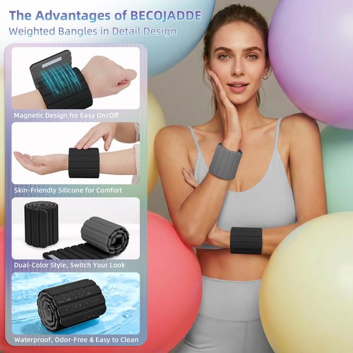 BECOJADDE Wrist Weights Ankle Weights for Women 1 Pair (2.2 lb Each) Silicone Magnetic Leg Arm Weighted Bracelet for Home Yoga Pilates Gym Workout Walking Jogging, Black Gray