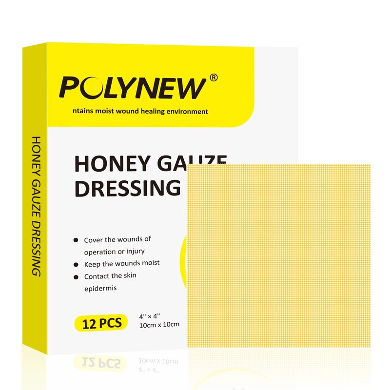 Polynew Manuka Honey Gauze Dressing, 12 Individual Pack, 4"x4" Patches, Manuka Honey Wound Care Gauze, for Cuts, Scald and Burns for Wound Healing Dressing