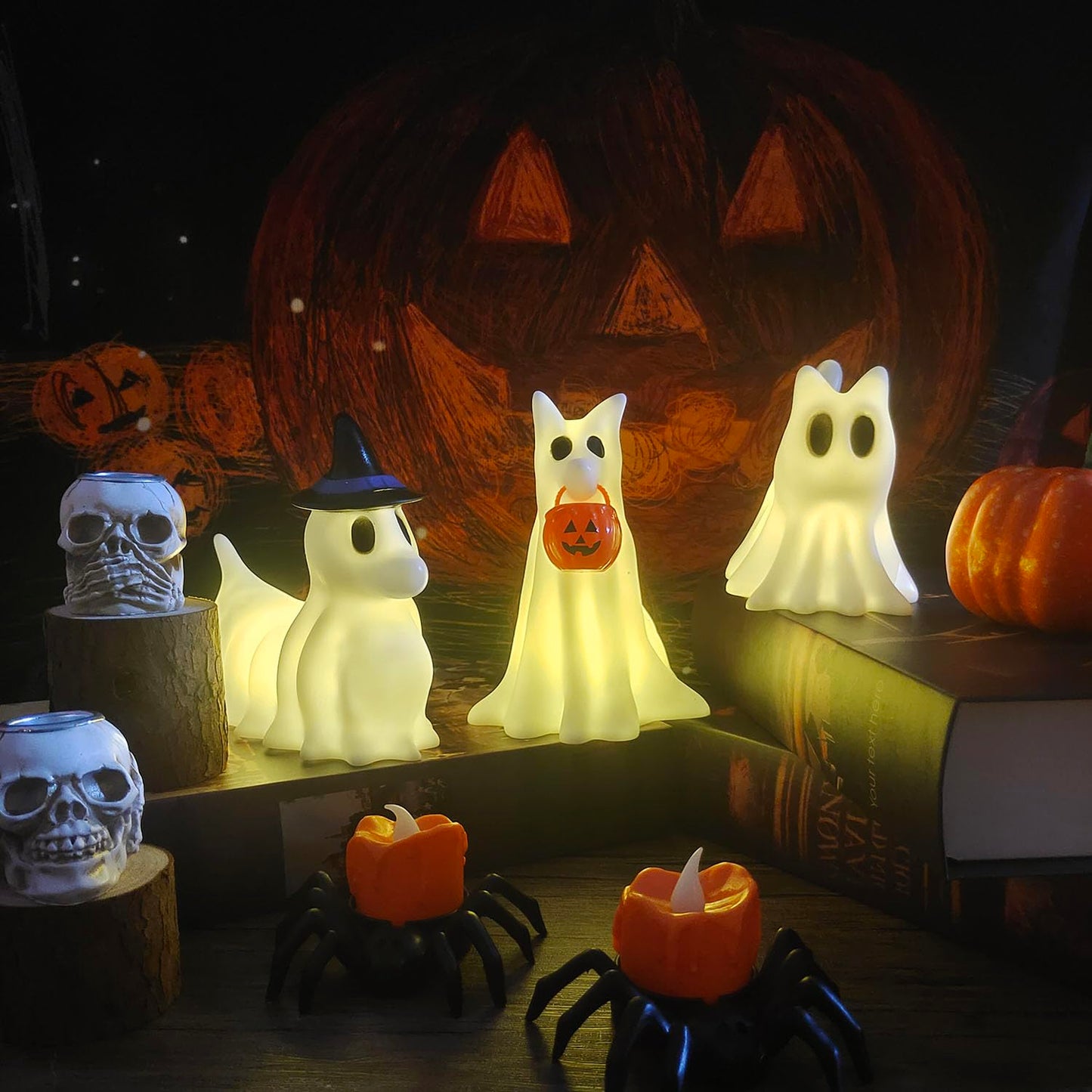 Cute Halloween Decorations Indoor, Ghost Dogs and Ghost Cat Halloween Decor with Witch Hat for Home Kitchen Mantel Tabletop Decor