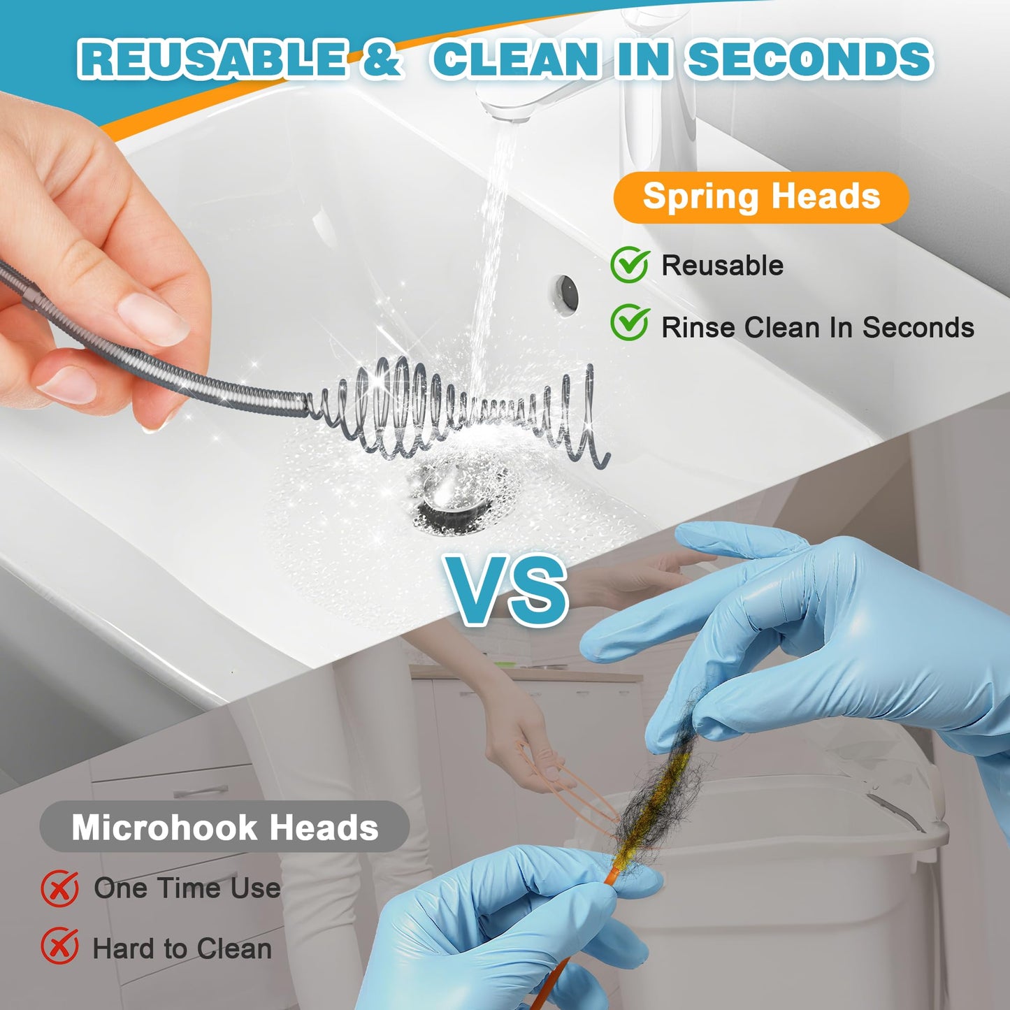 50 Inch Drain Snake Hair Drain Clog Remover, Replaceable & Reusable Sink Snake with 5 Spring Heads & Rotating Handle, Anti-break Steel Sink Drain Cleaner for Bathroom, Shower, Bathtub