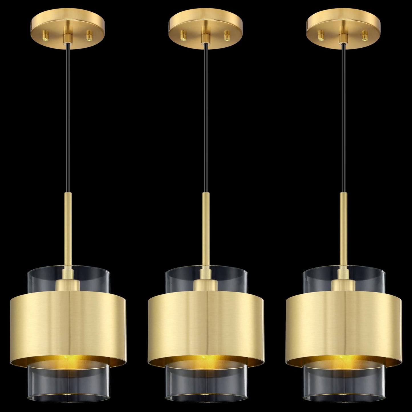 Leading Lighting 3 Pack 1 Light Hanging Indoor Kitchen Island Rod Pendant Ceiling Light Fixture,5.5" Drum Clear Glass Chandelier Shade Brushed Bronze Finish Modern Farmhouse Dinning Over Sink