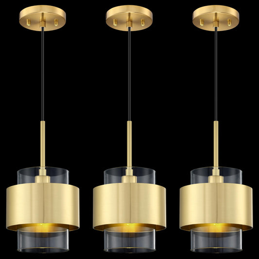 Leading Lighting 3 Pack 1 Light Hanging Indoor Kitchen Island Rod Pendant Ceiling Light Fixture,5.5" Drum Clear Glass Chandelier Shade Brushed Bronze Finish Modern Farmhouse Dinning Over Sink