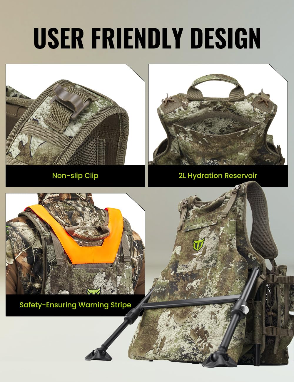 TIDEWE Vest with Seat, Vest with Game Pouch & Kickstand(Truetimber Strata)