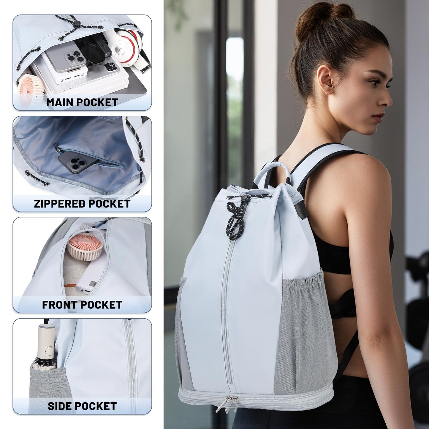 Gym Backpack with Drawstring Closure, Expandable Shoe Compartment, Water Resistant Laptop Backpack, Thick Padded Back & Shoulder Straps, Heavy Duty Durable Daypack for Sports, Work, Travel, Black