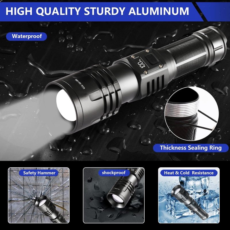 Rechargeable LED Flashlights 10000.00 High Lumens,𝟐𝟎𝟐𝟔 𝐍𝐞𝐰 High Powered Waterproof Tactical Flashlight Spotlight Flashlight for Home, Bright Flashlight Black for Outdoor Camping Emergency
