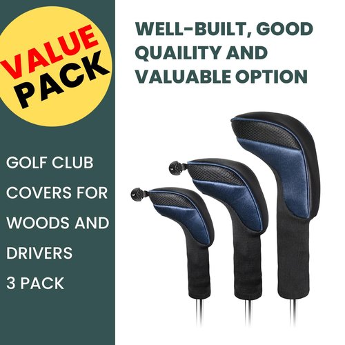 FINGER TEN Golf Club Head Covers for Woods Driver Fairway Hybrid Value 3/5 Pack, Long Headcover Interchangeable Accessories for Ultimate Club Protection (Blue&Black(1D+1F+1H))