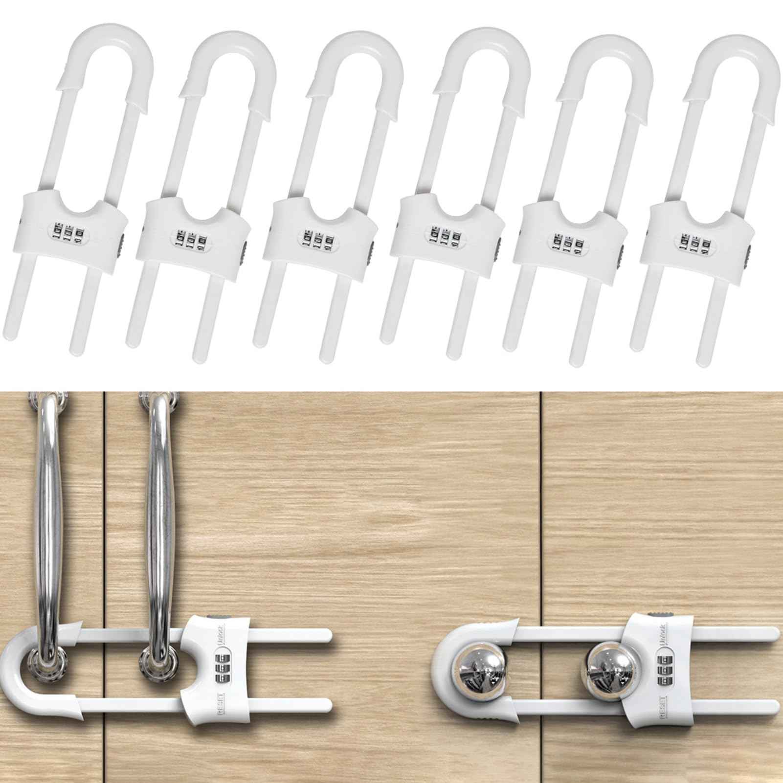 FIGEPO 6 Pack Child Proof U-Shaped Code Sliding Cabinet Door Locks Adjustable Baby Safety Plastic Cupboard Cabinet Latches Set for Knob Handle Drawers Closet White