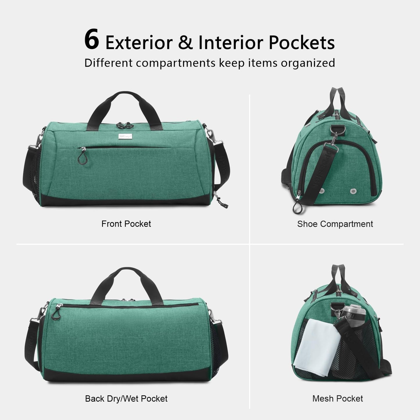 TOPDesign Gym Bag for Women & Men, Unisex Duffel Bag with Shoe Compartment & Wet Pocket for Travel Sports Gym (M Textured Green)