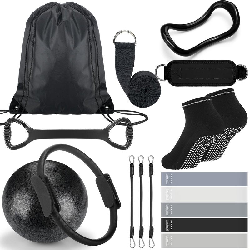 RoundFunny Pilates Ring Circle Set 18 Pcs Exercise Equipment Accessories for Women Workouts Pilates Ball Stretching Strap Magic Circle Yoga Ring Gym Back Bag Resistance Band Anti Slip Socks(Black)