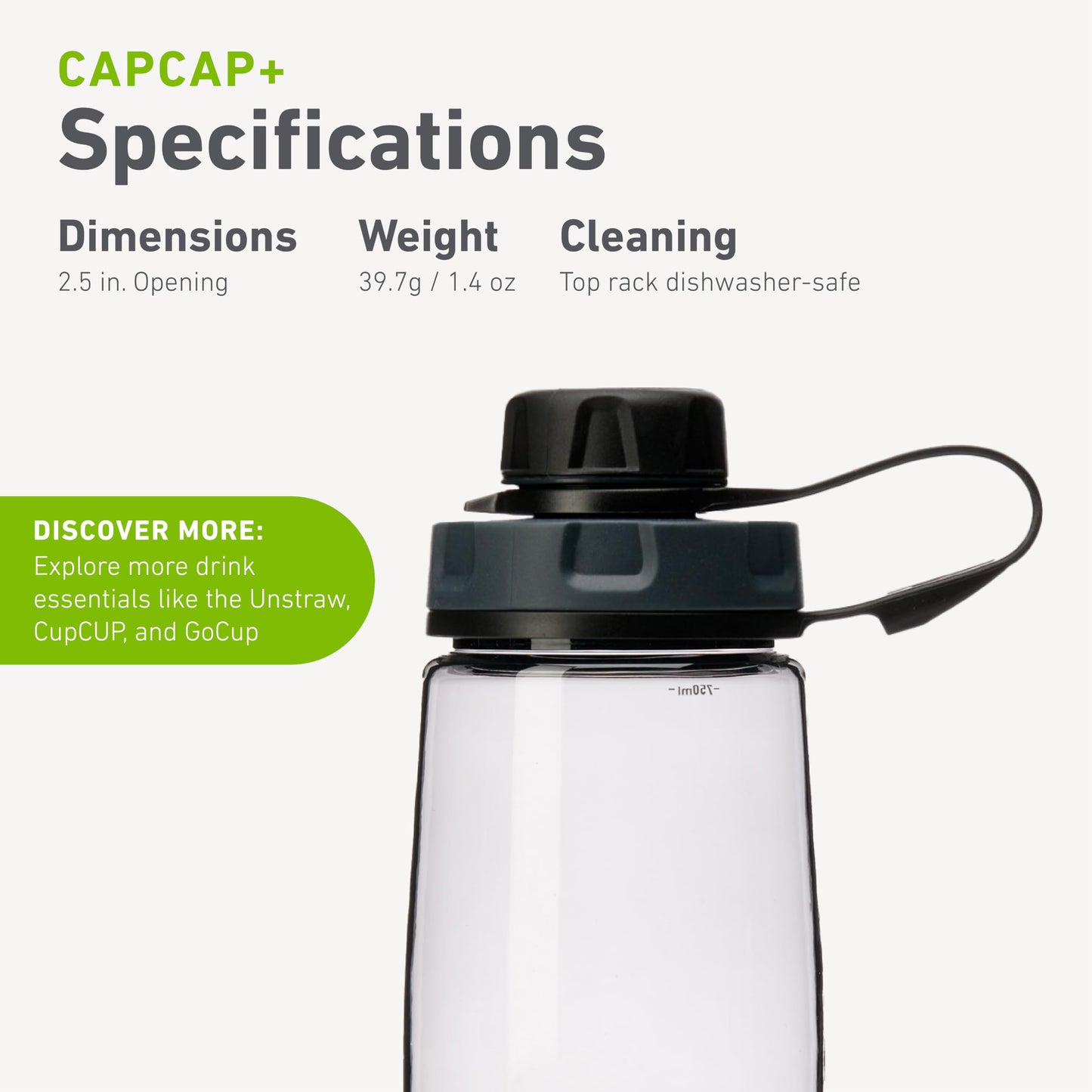humangear CapCAP+ | Converts Wide-Mouth Openings | Secure Easy Open, Black