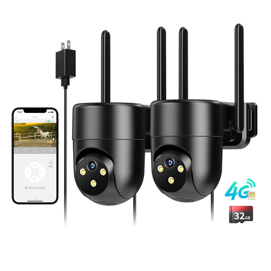 LIWAN 4G LTE Cellular Security Camera Wired Outdoor, No WiFi Security Camera, Plug-in for 24/7 Recording, 2K Color Night Vision, 2-Way Talk, Built-in SIM Card and 32G Memory Card, Black, 2 Pack
