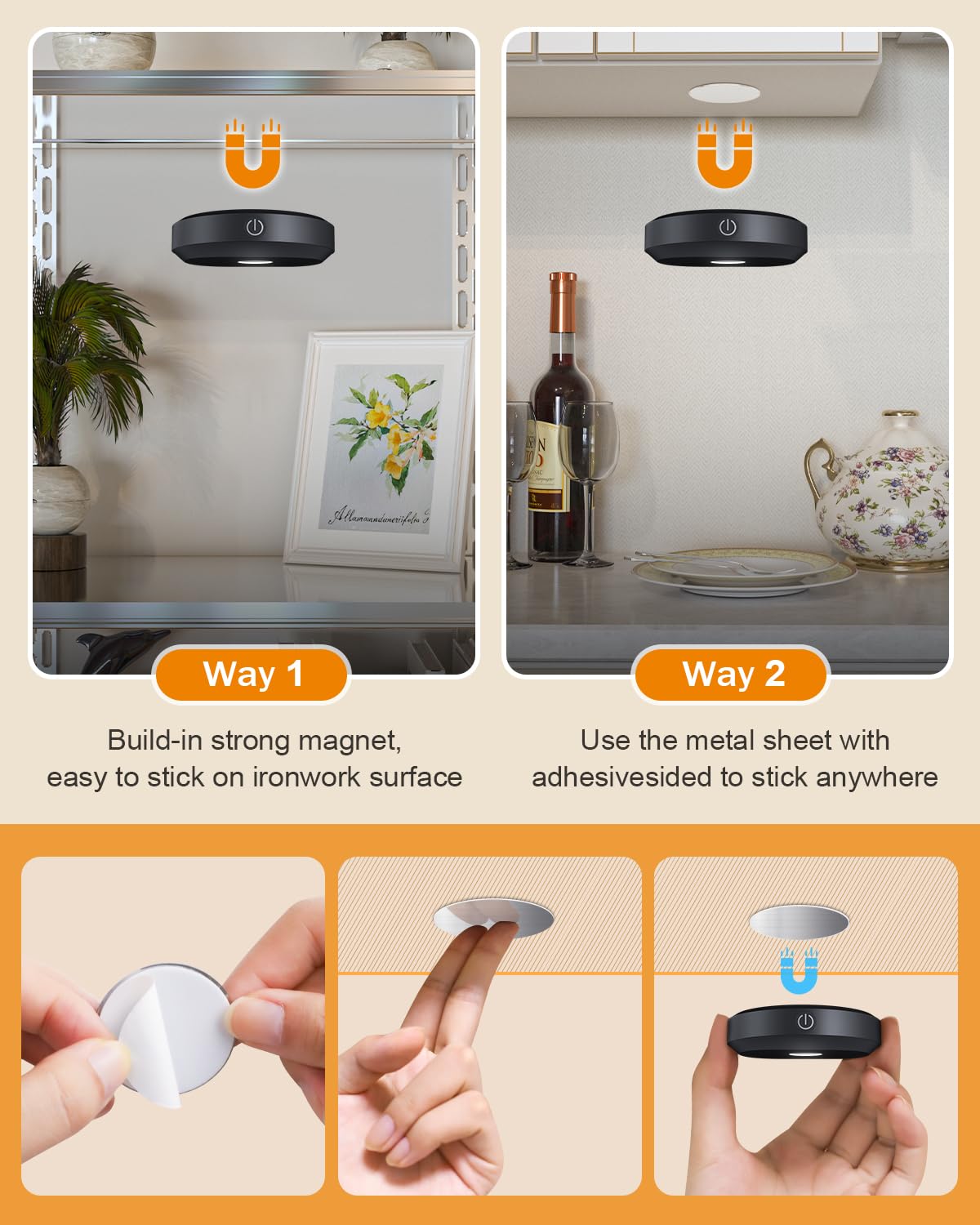 WILLED RGB Under Cabinet Lights,Rechargeable Puck Lights with Remote Control, Wireless Push Light with Timer Function,Dimmable LED Touch Tap Light for Kitchen,Cabinet,Closet, Counter,3 Pack