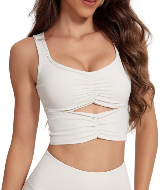 FEOYA Women’s Sleeveless Workout Crop Top Strappy Athletic Tank Top Yoga Gym Running Padded Sports Bra White XL