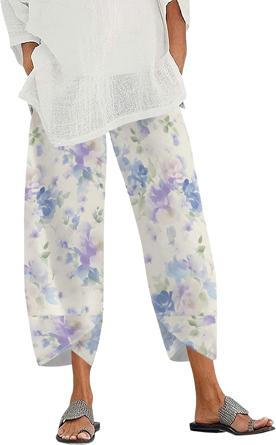 Skiennix Women's Cropped Pants - Lightweight Wide Leg Trousers with Elastic Waist & Pockets | Casual Beach Wear