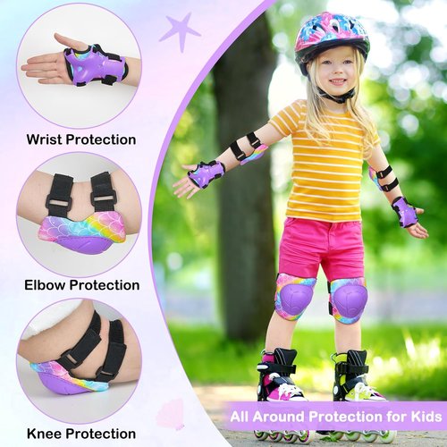 FIODAY Kids Knee Pads - Adjustable Elbow Pads & Wrist Guards for Roller Skating | Rainbow Mermaid, 3-8 Years