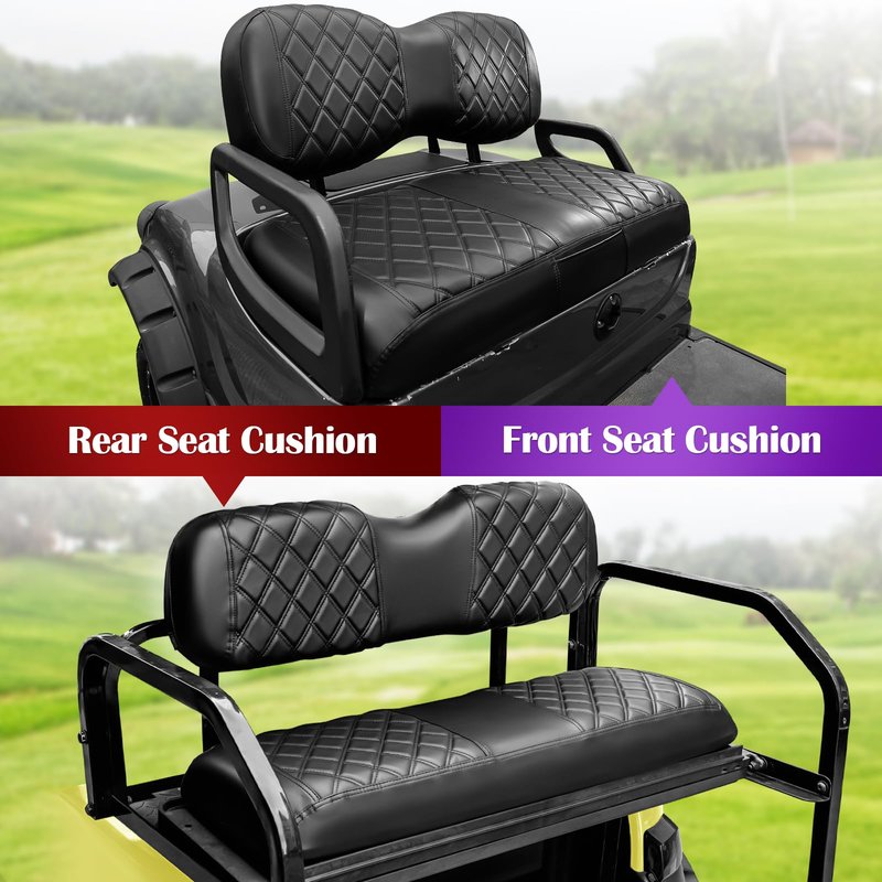PZWLI 4PCS Golf Cart Seat Covers Kit with Pocket,Front and Rear Vinyl Replacement Seat Cover for Yamaha Drive/Drive2 Standard Cushion,No Stapler, Black
