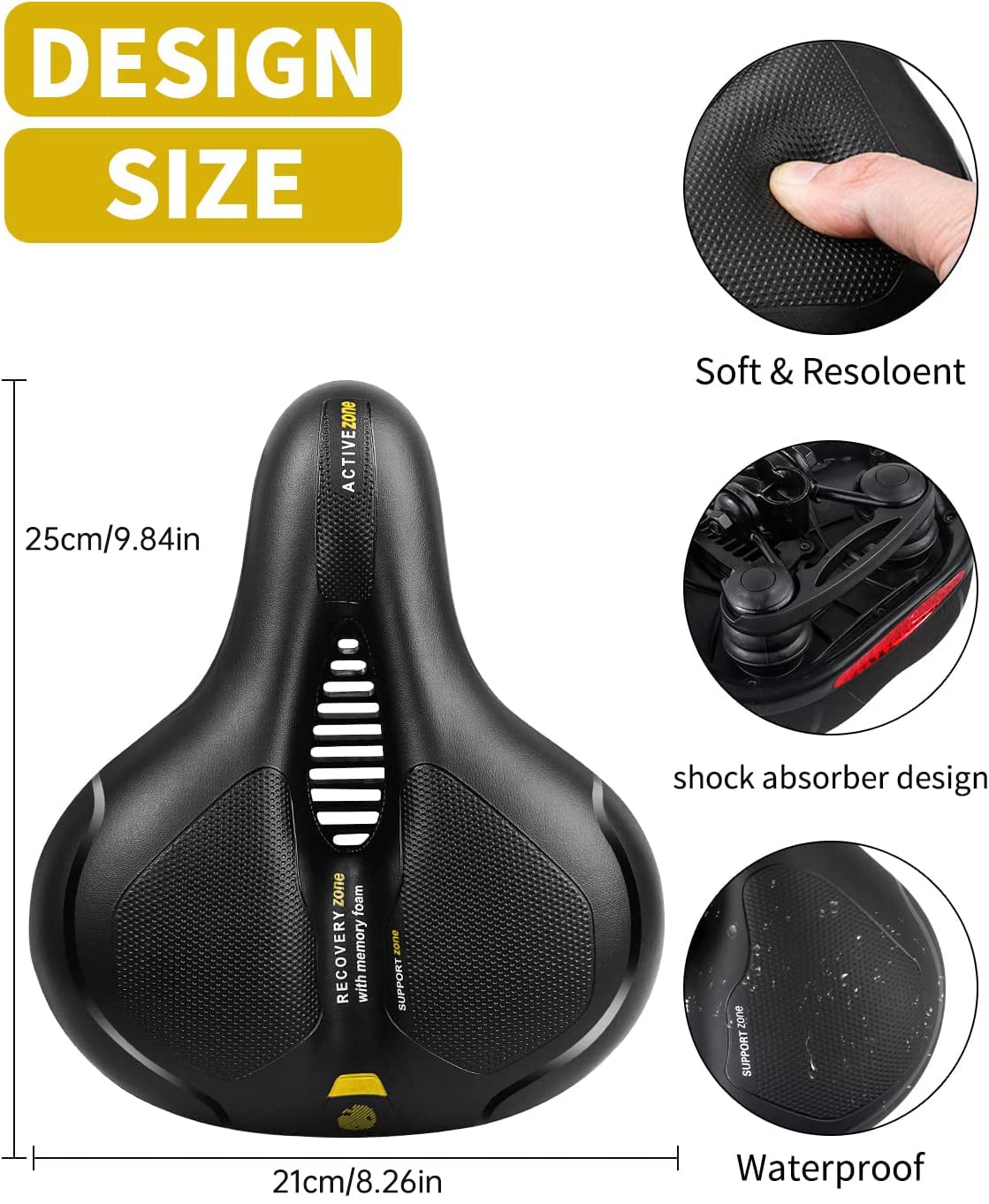 MSDADA Comfortable Bike Seat Cushion - Wide Bicycle Seat Comfort for Men Women with Dual Shock Absorption - Memory Foam Padding, Waterproof Bike Saddle for Stationary, Exercise, Mountain, Road Bikes