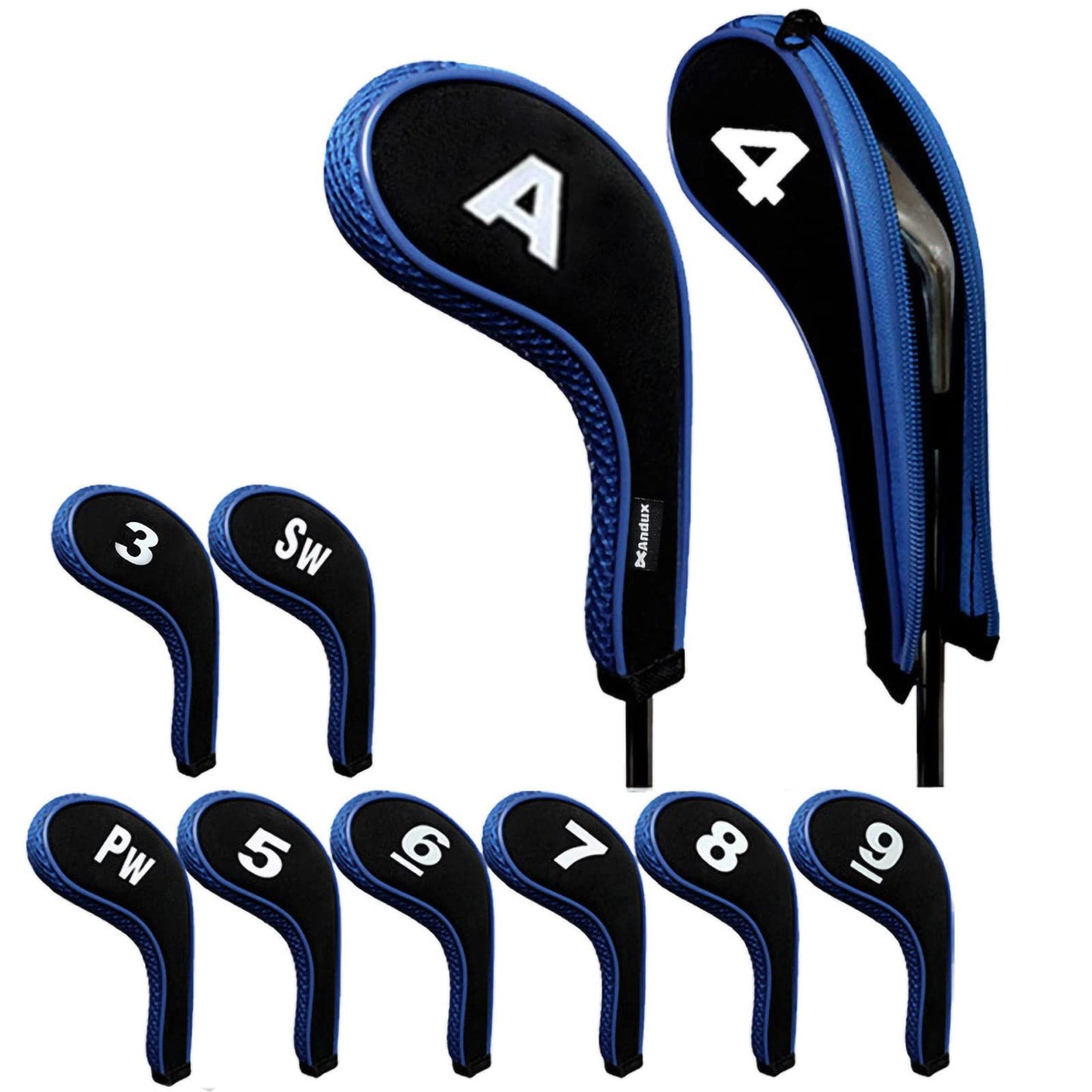 Andux Golf Iron Wedge Club Head Covers 10pack/Set Black/Blue