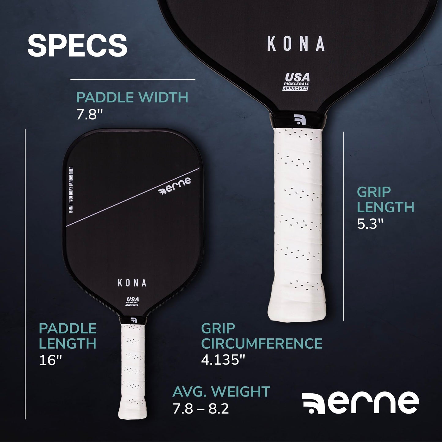 Erne Kona Carbon Pickleball Paddle – 16" Lightweight Design, Carbon Fiber Surface for Spin & Control, 15mm Polymer Core, USAPA Approved